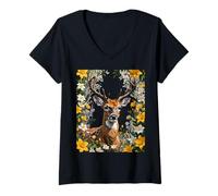 Femme Caribou Entouré De Fleurs T-Shirt avec Col en V