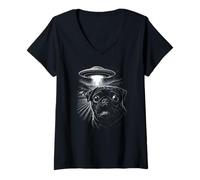 Femme Carlin Noir UFO Alien Abduction Funny Sci FI Dog Design T-Shirt avec Col en V