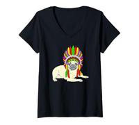 Femme Carlin Portant Une Coiffe Indienne Chiot habillé T-Shirt avec Col en V