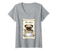 Femme Carlin Ramen Japonais Kawaii Anime T-Shirt avec Col en V