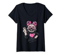 Femme Carlin Tendance avec Lunettes Rondes Roses et nœud en Forme de Patte T-Shirt avec Col en V
