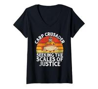 Femme Carp Crusader Cherche la Balance de la Justice Pêche à la Carpe T-Shirt avec Col en V
