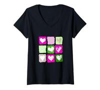 Femme Carreaux de cœurs sauvages roses et verts, graphiques verts et roses T-Shirt avec Col en V