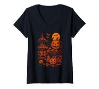 Femme Carrousel de Foire à la Citrouille Halloween T-Shirt avec Col en V