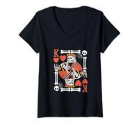 Femme Carte à jouer squelette drôle King of Hearts Halloween Poker T-Shirt avec Col en V
