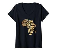 Femme Carte Afrique avec Animaux Continent Africain Mélanine T-Shirt avec Col en V