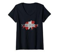 Femme Carte de la Suisse Souvenir Drapeau Vintage Style Schweizerische T-Shirt avec Col en V