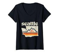 Femme Carte de l'État de Washington Seattle Mountain Randonnée Rétro Souvenir T-Shirt avec Col en V