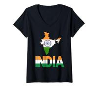 Femme Carte de l'Inde Tricolore Ashoka Chakra Drapeau Indien T-Shirt avec Col en V