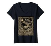 Femme Carte de Tarot Constellation Cerf Mystique céleste T-Shirt avec Col en V