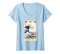 Femme Carte de Tarot esthétique Japonaise The Great Wave Off Kanagawa T-Shirt avec Col en V