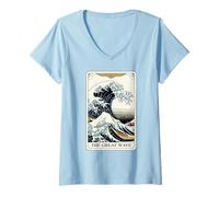 Femme Carte de Tarot Japonaise The Great Wave Off Kanagawa T-Shirt avec Col en V