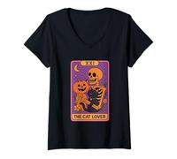 Femme Carte de Tarot Squelette Citrouille The Cat Lover T-Shirt avec Col en V