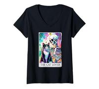Femme Carte de Tarot Squelette pour Amoureux des Chats T-Shirt avec Col en V