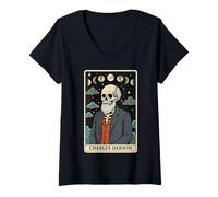 Femme Carte de Tarot Squelette sur la théorie de l'évolution de Charles Darwin Witchy T-Shirt avec Col en V