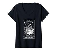 Femme Carte de Tarot Squelette The Reader Amoureux de Livre Sorcière T-Shirt avec Col en V