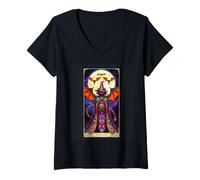 Femme Carte de Tarot The Devil Witch Cat Bats Mystic T-Shirt avec Col en V