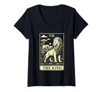 Femme Carte de Tarot The King Lion Family African Big Five T-Shirt avec Col en V