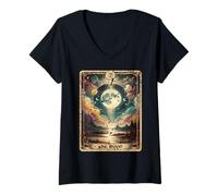 Femme Carte de Tarot Vieilli Grunge Worn Out Style The Moon T-Shirt avec Col en V