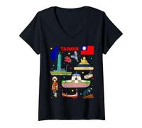 Femme Carte de Voyage colorée de Taiwan Art, Culture et Patrimoine taïwanais T-Shirt avec Col en V