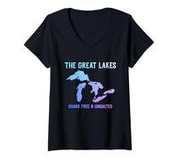 Femme Carte des Grands Lacs Michigan Superior Huron Érié Ontario T-Shirt avec Col en V
