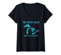 Femme Carte des Grands Lacs Michigan Superior Huron Érié Ontario T-Shirt avec Col en V