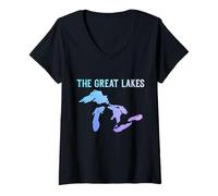 Femme Carte des Grands Lacs Michigan Superior Huron Érié Ontario T-Shirt avec Col en V