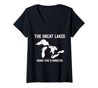 Femme Carte des Grands Lacs Michigan Superior Huron Érié Ontario T-Shirt avec Col en V