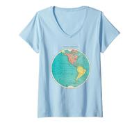 Femme Carte du Monde de l'hémisphère Occidental Design Cartographie Globe Art T-Shirt avec Col en V