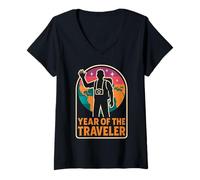 Femme Carte du Monde rétro Année du Voyageur T-Shirt avec Col en V