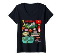 Femme Carte du Vietnam, Culture et Monuments Art, Souvenir Coloré T-Shirt avec Col en V