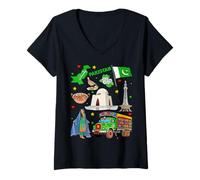 Femme Carte et Culture du Pakistan, Monuments, Mode et Tradition T-Shirt avec Col en V