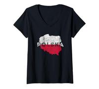 Femme Carte et Drapeau de la Pologne - Art Unique Polska Word Art T-Shirt avec Col en V