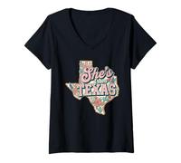 Femme Carte Florale « She's from Texas » T-Shirt avec Col en V