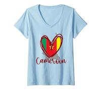 Femme Carte patriotique du Cameroun en forme de cœur pour garçons et enfants T-Shirt avec Col en V