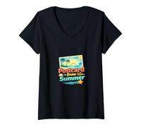 Femme Carte Postale d'été rétro Plage Coucher de Soleil Littoral Illustration T-Shirt avec Col en V