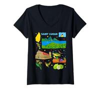 Femme Carte Souvenir de Sainte-Lucie - Île des Caraïbes - Voyage et Culture T-Shirt avec Col en V