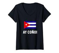 Femme Carte Souvenir Drapeau cubain Argot ay coño Cubano Cuba T-Shirt avec Col en V