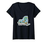 Femme Carte Vintage de New York avec Ses Monuments emblématiques T-Shirt avec Col en V