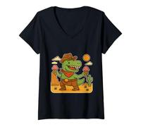 Femme Cartoon Cowboy T-Rex avec glace - Fun Desert Adventure T-Shirt avec Col en V