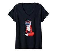 Femme Cartoon Fox Gamer dans Un Casque VR Playful Nerd T-Shirt avec Col en V