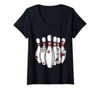 Femme Cartoon Scared Bowling Pins - Funny Sport Bowler Tee T-Shirt avec Col en V