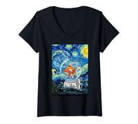 Femme Casque de Bol d'astronaute Goldfish Nuit étoilée Art surréaliste T-Shirt avec Col en V