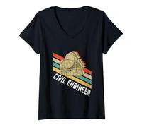Femme Casque d'ingénieur Civil rétro à Rayures Vintage T-Shirt avec Col en V