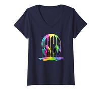 Femme Casques d'écoute Peinture colorée Abstrait Musique Art T-Shirt avec Col en V