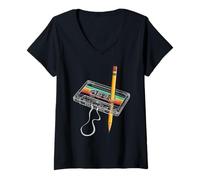 Femme Cassette Audio, Crayon, rembobiner, années 80, Vintage, Fun T-Shirt avec Col en V