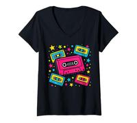 Femme Cassette colorée des années 80 Vibe Music Lover Fun Throwback T-Shirt avec Col en V