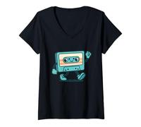 Femme Cassette Days Old Tape Retro Audio Esthétique T-Shirt avec Col en V