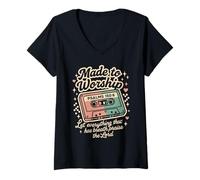 Femme Cassette rétro Faite pour Adorer Les psaumes 150:6 Musique chrétienne T-Shirt avec Col en V