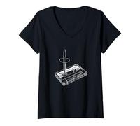 Femme Cassette Tape Rewind Pen The Analog Age Nostalgie T-Shirt avec Col en V